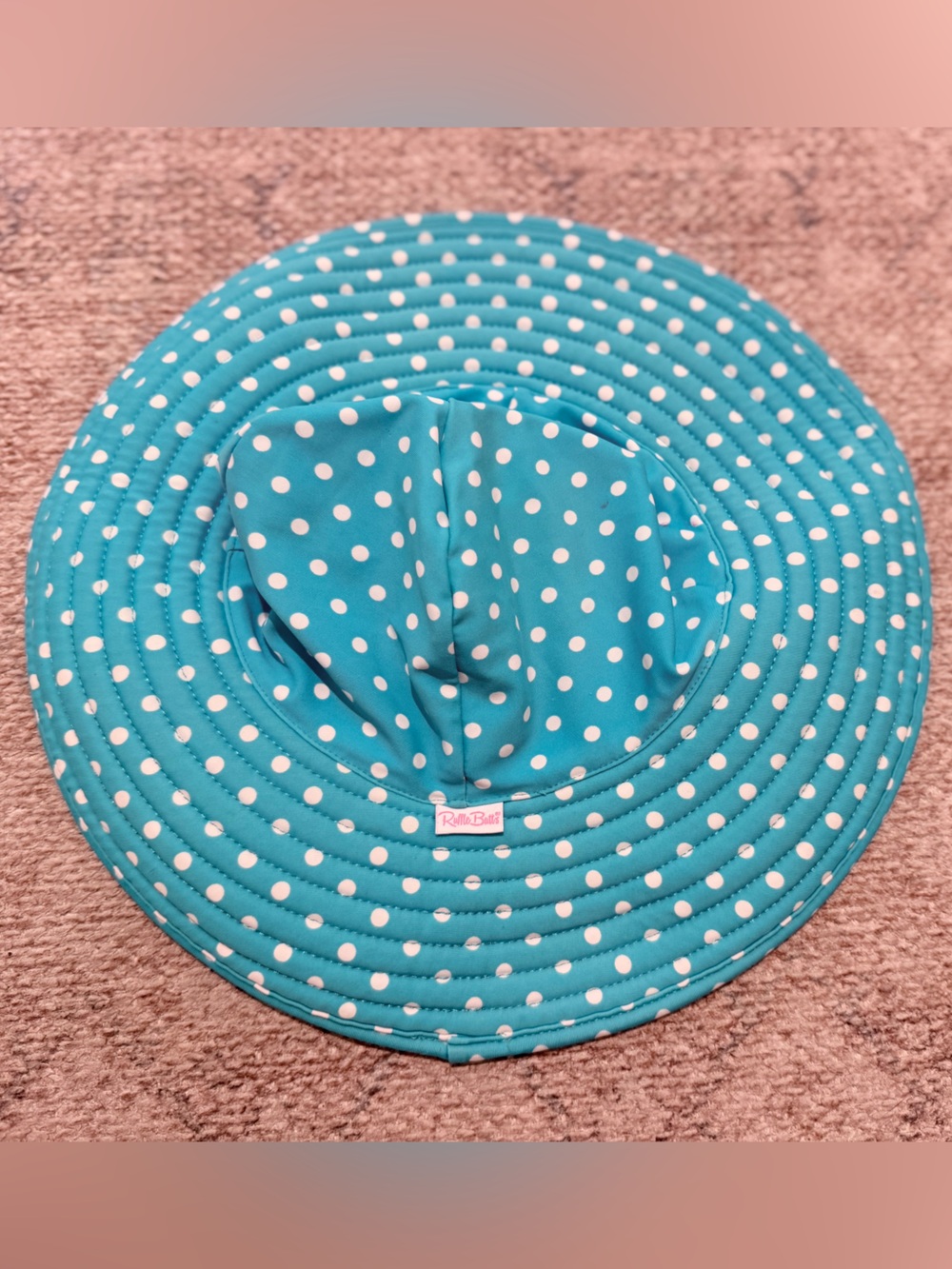 RuffleButts Reversible Sun Hat Girls 3T-5 Aqua Polka Dot Stripe